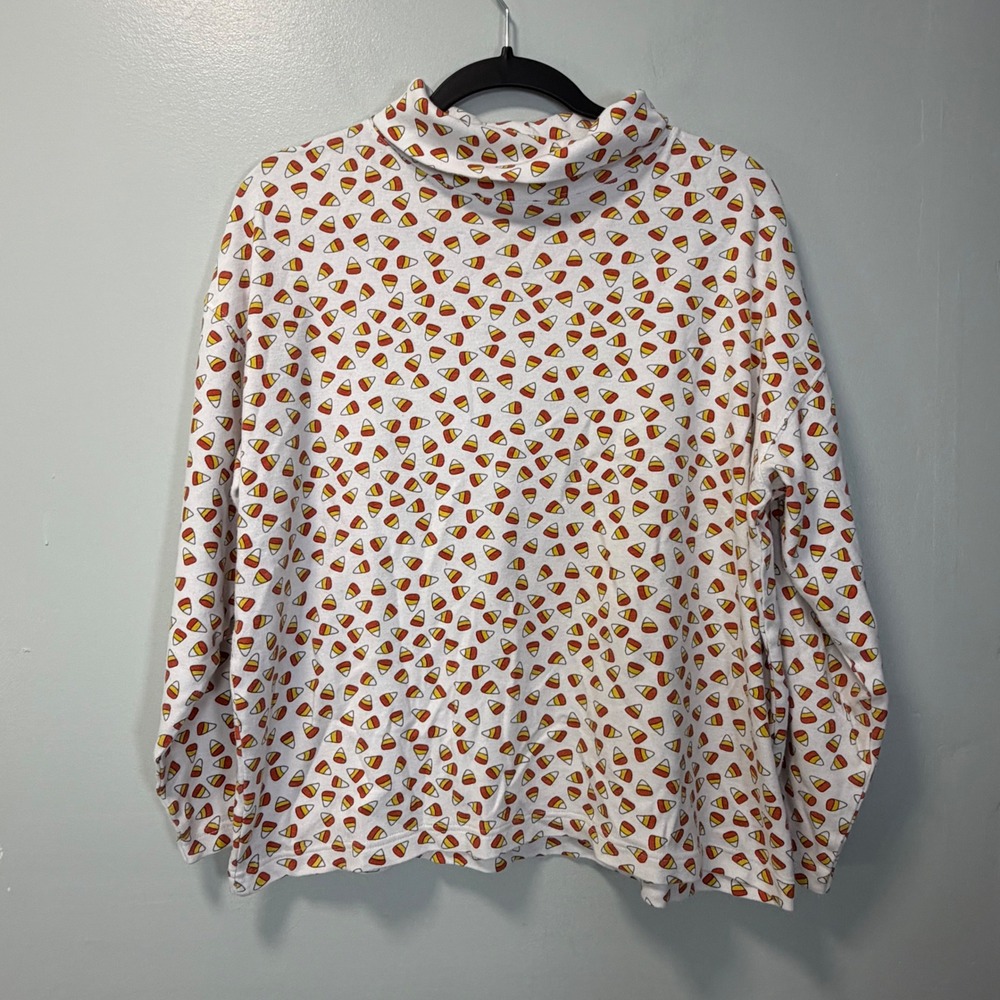 Vintage Candy Corn Print Turtleneck Long Sleeve Top White Novelty Halloween
